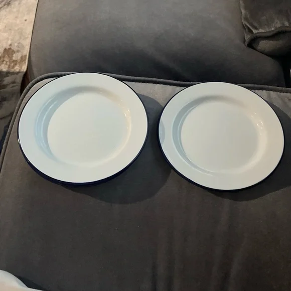 Crow Canyon Home White with Blue Trim 8”  Enamel Plates Set of 6 - Picture 5 of 5